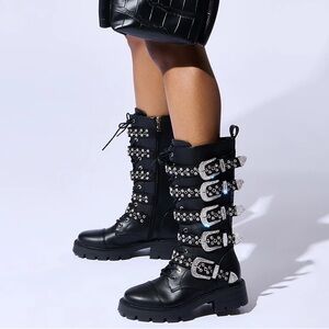 AZALEA WANG Black Leather & Silver Studded Chain Boots